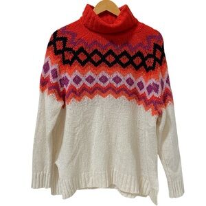 Aerie Sweater Women Medium Red Pink Fair Isle Turtleneck Fuzzy Ski Snow Preppy